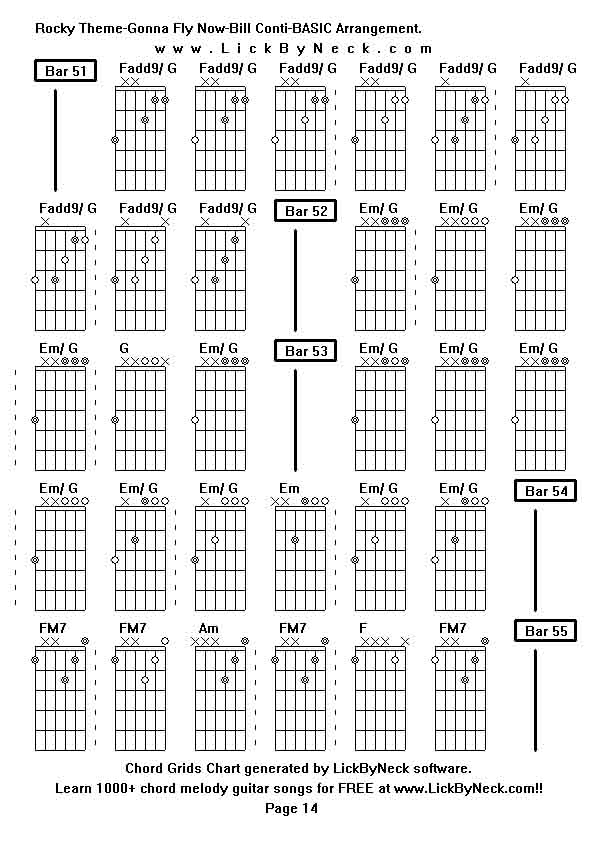 Chord Grids Chart of chord melody fingerstyle guitar song-Rocky Theme-Gonna Fly Now-Bill Conti-BASIC Arrangement,generated by LickByNeck software.